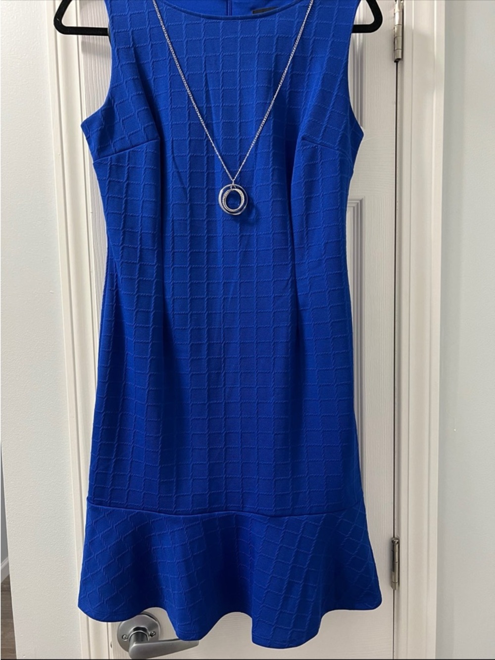 Sleeveless Cobalt Blue Textured Midi Dress with Flared Hem/removable necklace